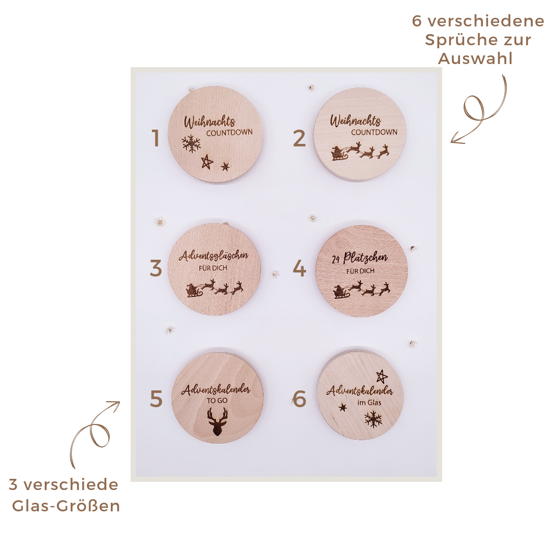 Adventskalender im Glas für Erwachsene mit personalisierter Gravur, nachhaltiges Vorratsglas aus recyceltem Glas und Holzdeckel, Countdown zur Weihnachtszeit, Geschenkidee zu Weihnachten
