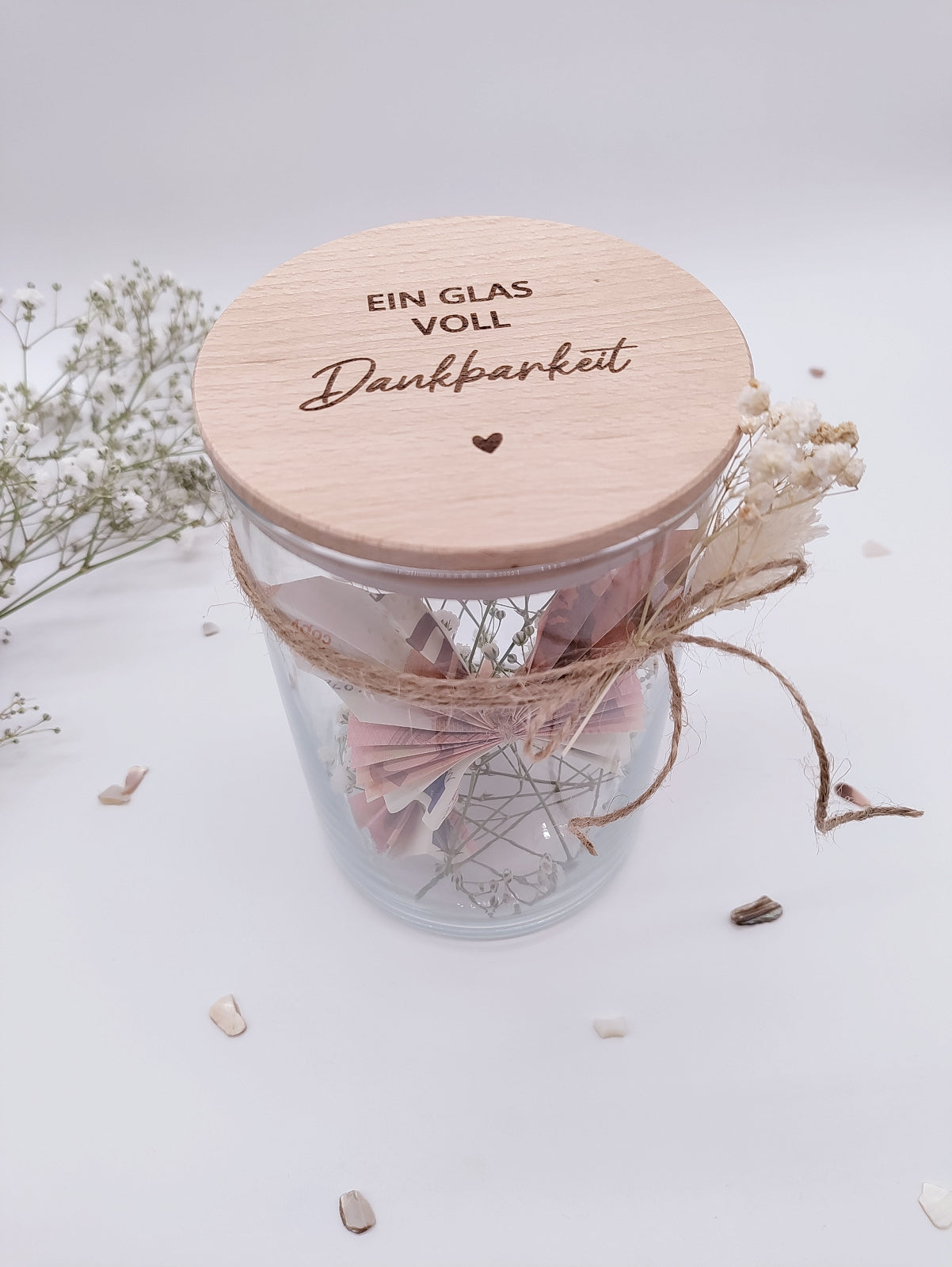 Ein Glas voll Dankbarkeit, Vorratsglas graviert als Geschenk zum Danke sagen.