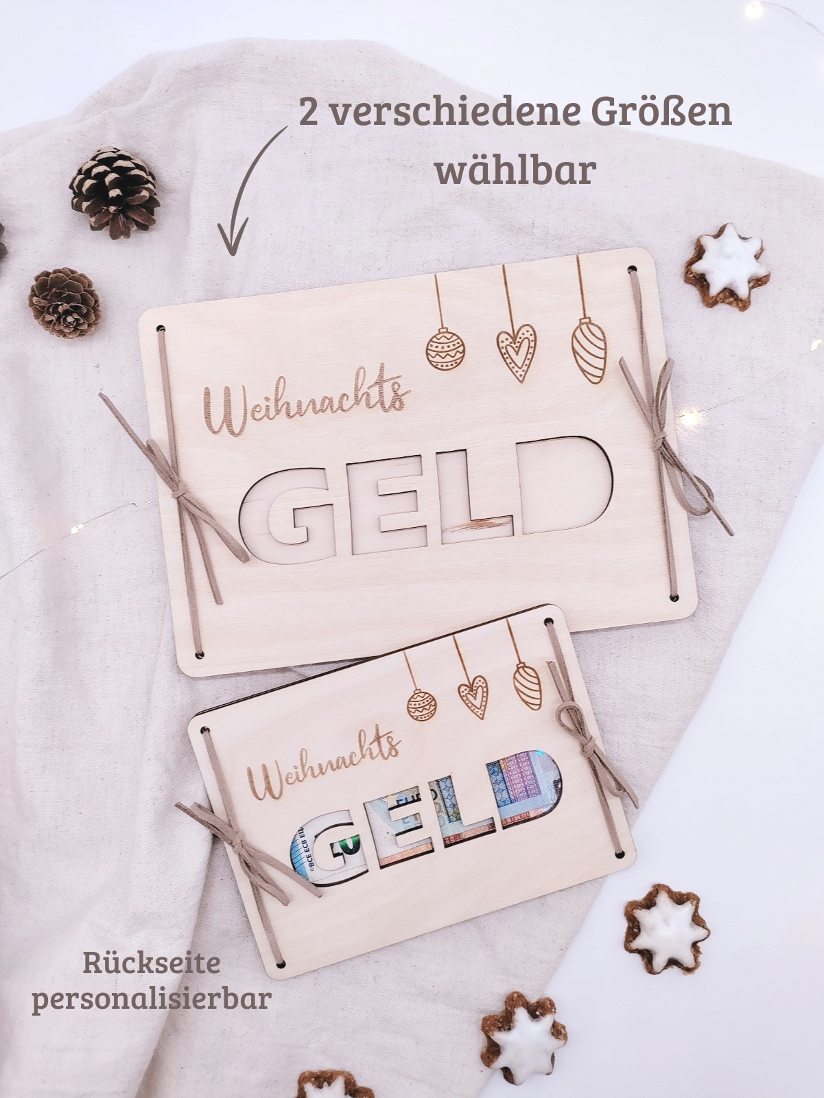 Kreatives Geldgeschenk zu Weihnachten aus Holz, zwei gravierte Holzplatten mit Weihnachtsmotiv und Schriftzug Weihnachtsgeld, nachhaltige Geschenkidee