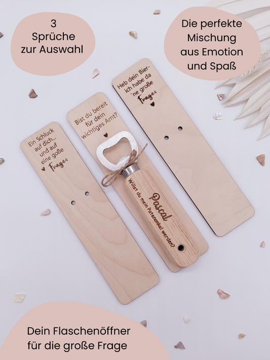 Flaschenöffner aus Holz mit Gravur "Willst du mein Patenonkel werden?", personalisiertes Geschenk zur Patenanfrage mit graviertem Halter, nachhaltige und originelle Geschenkidee.