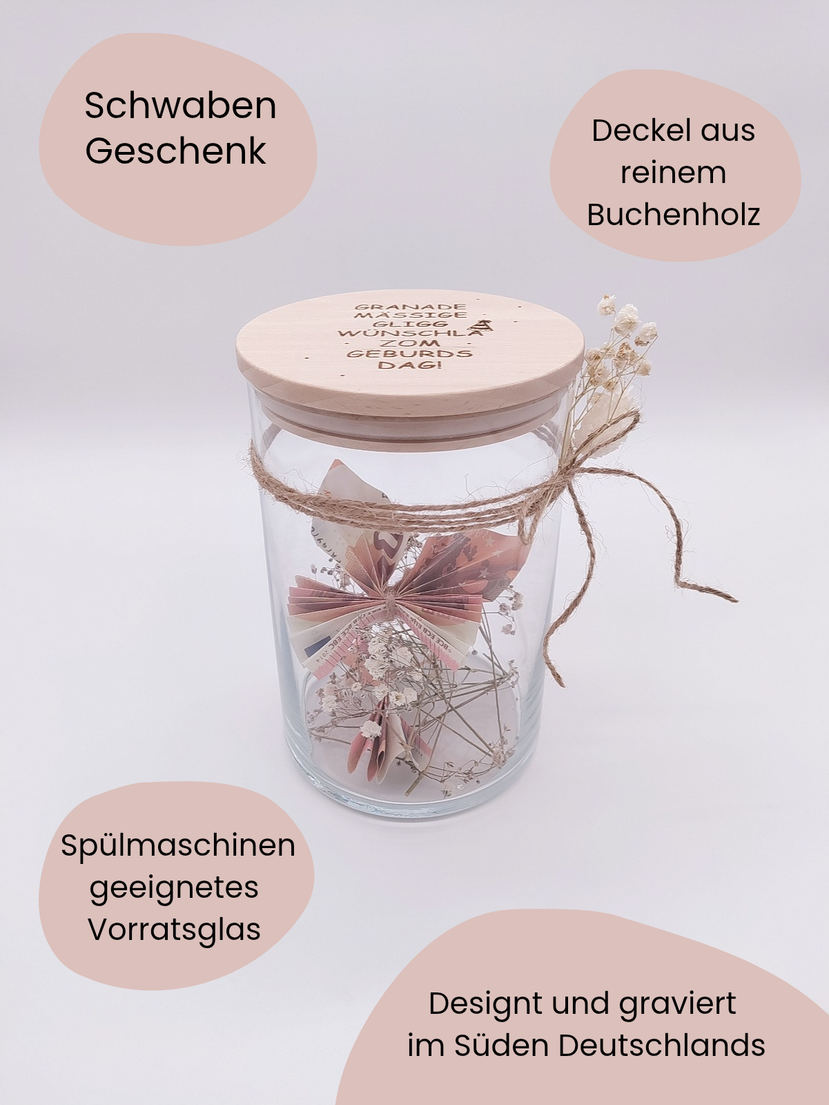 Vorratsglas mit Gravur ‚Granade mässige gligg wünschla zom geburds dag!‘ – lustiges Geburtstagsgeschenk auf Schwäbisch, nachhaltiges Glas mit Holzdeckel, Geschenkidee für Schwaben