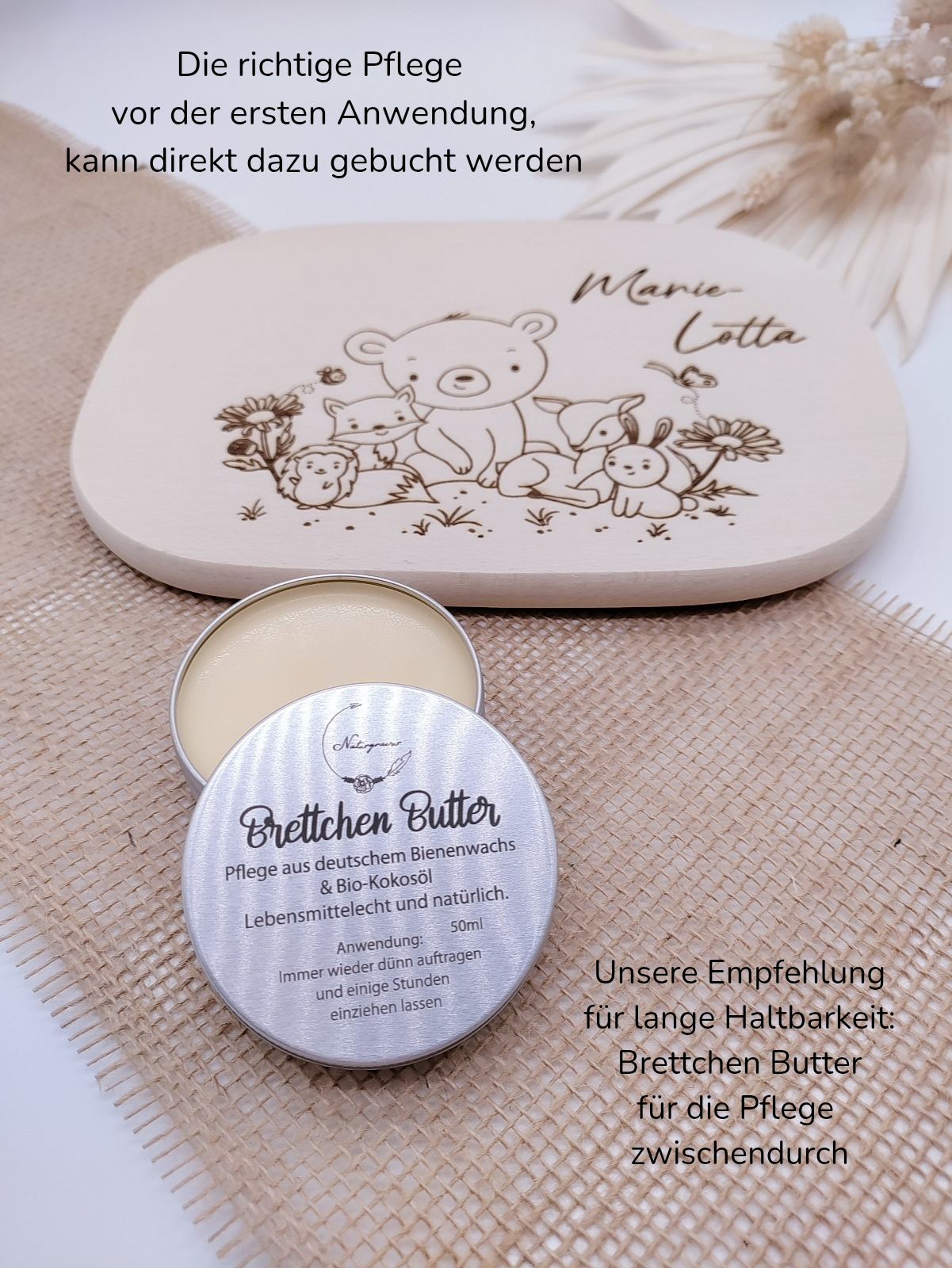 Nachhaltiges Vesperbrett für Kleinkinder mit Waldtieren und Namen