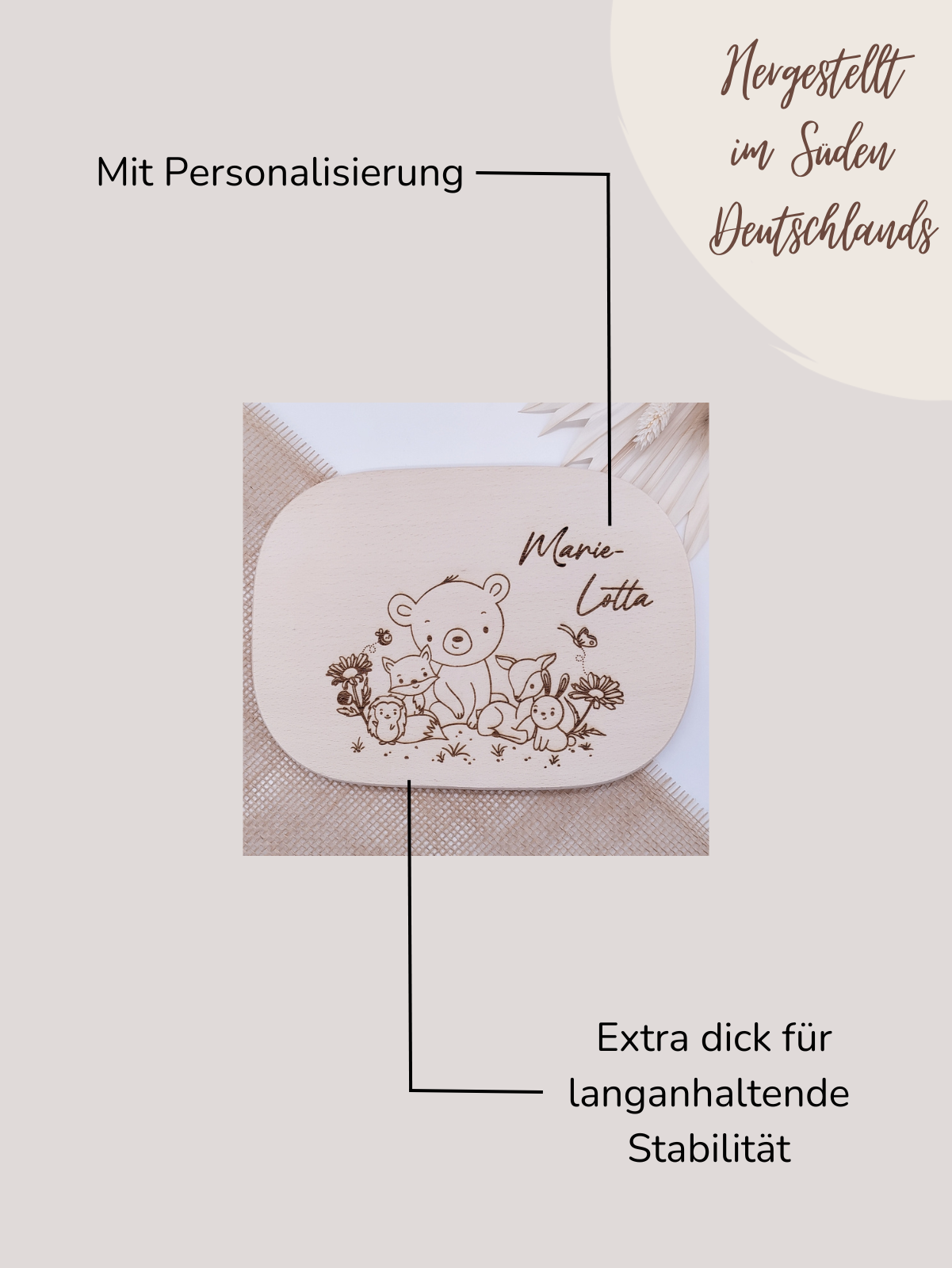 Nachhaltiges Vesperbrett für Kleinkinder mit Waldtieren und Namen