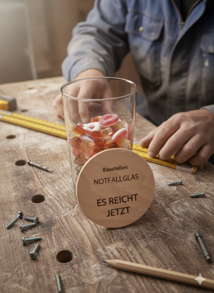 Nachhaltig verpacktes Baustellen Notfallglas Geschenkidee für Bauherren und Handwerker