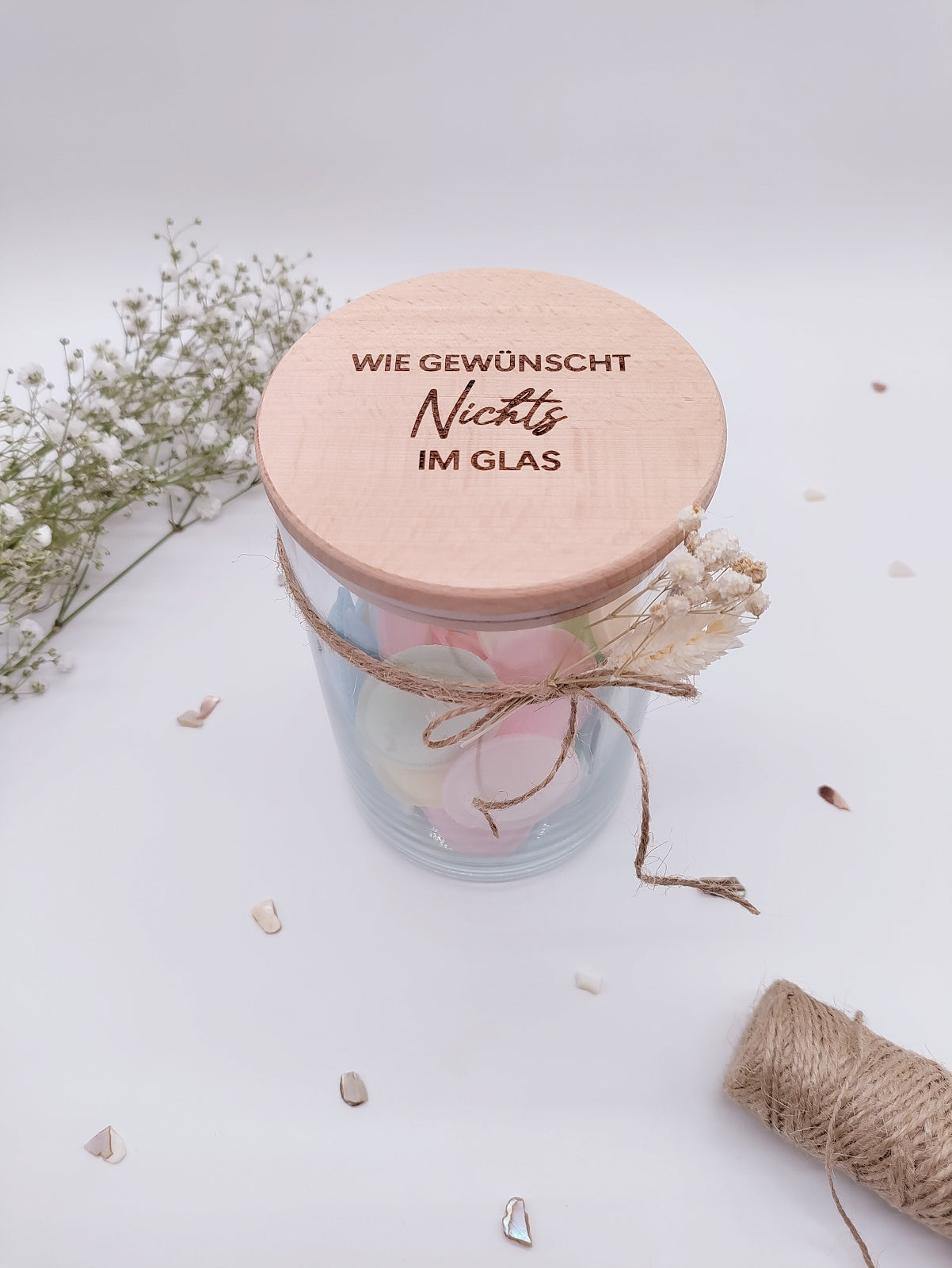 Vorratsglas mit lustigem Spruch "Wie gewünscht nichts im Glas"