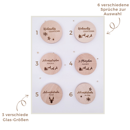 Adventskalender im Glas für Erwachsene mit personalisierter Gravur, nachhaltiges Vorratsglas aus recyceltem Glas und Holzdeckel, Countdown zur Weihnachtszeit, Geschenkidee zu Weihnachten