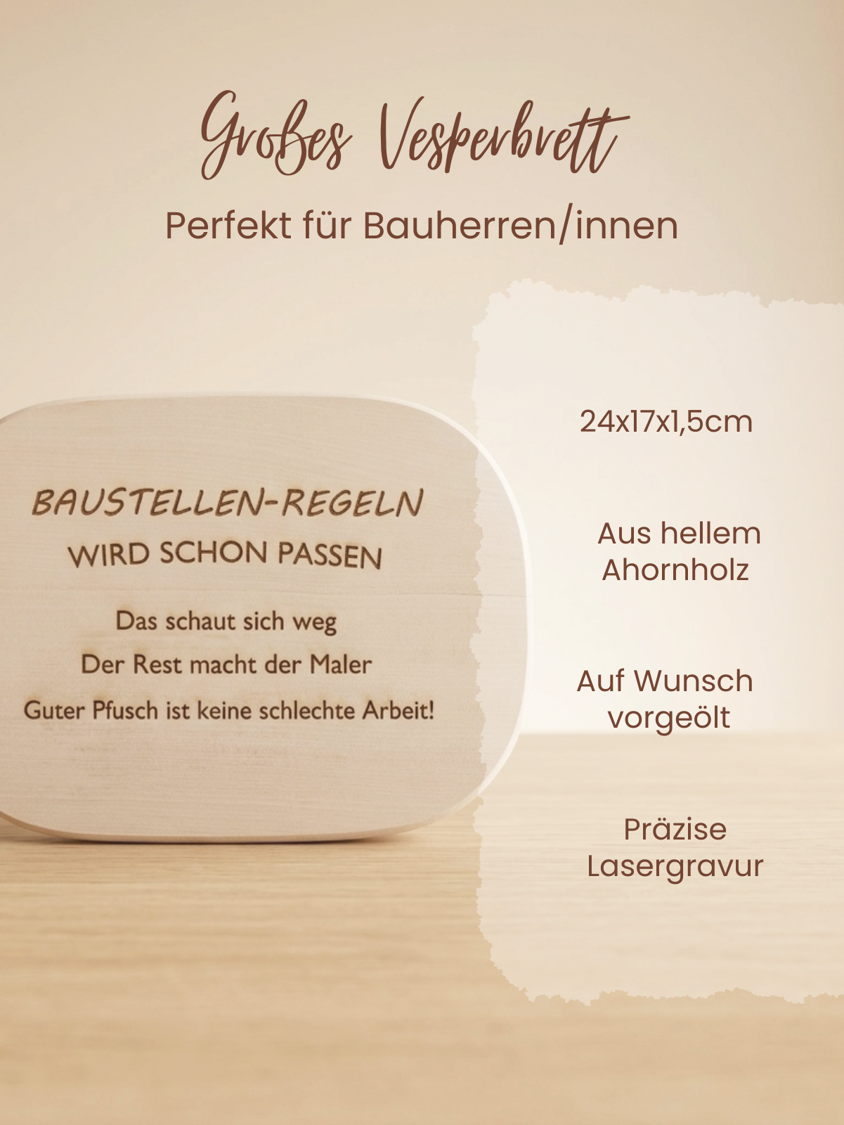 Baustellen Brotzeitbrett aus Holz mit Sprüchen wie „Passt schon“ und „Der Rest macht der Maler“ – Männer Geschenk