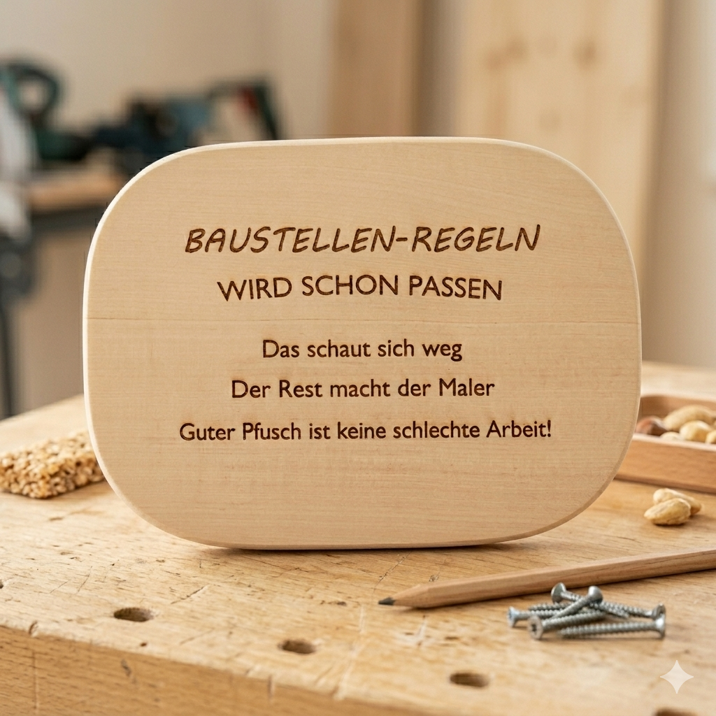 Holz Vesperbrett Baustelle mit lustigen Bausprüchen graviert – Geschenk für Handwerker und Bauherren mit Humor