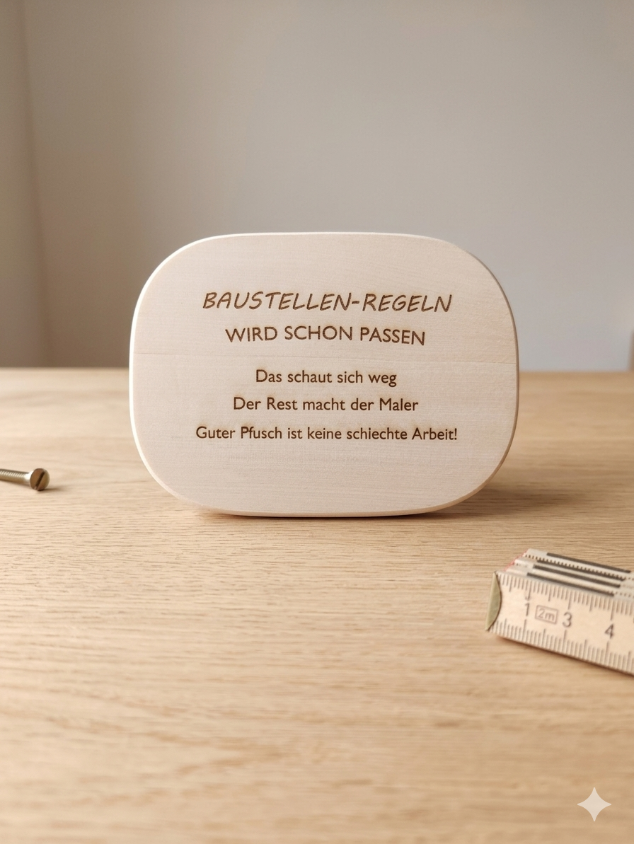 Brotzeitbrett Baustellen Humor mit typischen Handwerker Sprüchen – rustikales Holzbrett für Bauherren