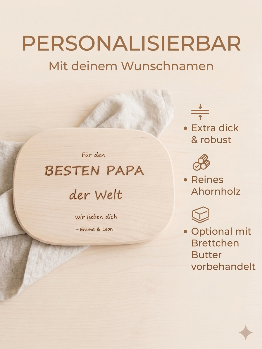 Graviertes Vesperbrett für Papa aus Holz, hochwertiges Frühstücksbrett als persönliches Geschenk mit emotionaler Botschaft
