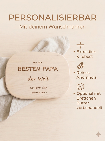 Graviertes Vesperbrett für Papa aus Holz, hochwertiges Frühstücksbrett als persönliches Geschenk mit emotionaler Botschaft