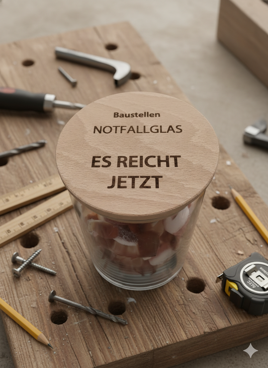 Baustellen Notfallglas mit Gravur ES REICHT JETZT Vorratsglas mit Holzdeckel Geschenk für Bauherren und Handwerker
