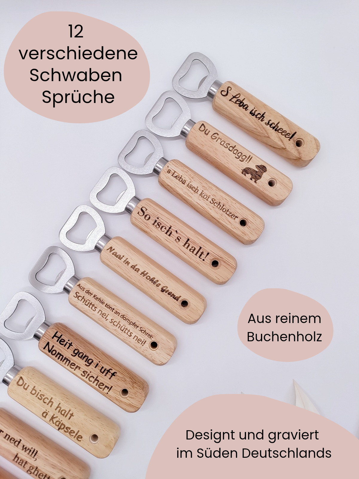 Flaschenöffner aus Buchenholz mit schwäbischem Spruch graviert