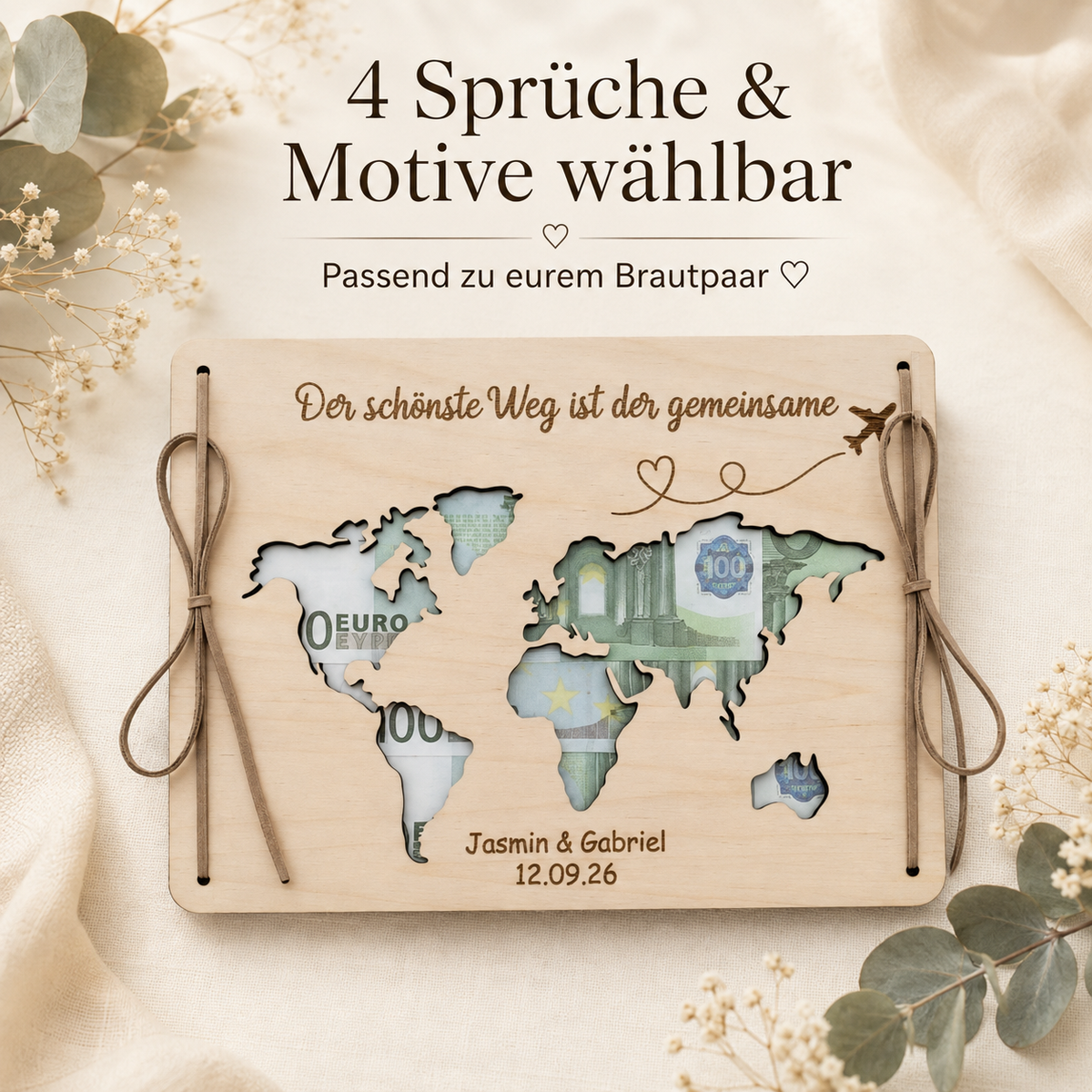Personalisiertes Hochzeitsgeschenk aus Holz mit Weltkarte, Geldfach, Namen und Hochzeitsdatum für das Brautpaar