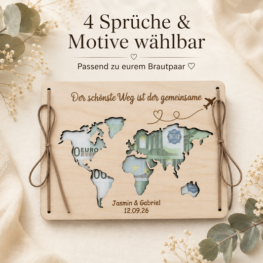 Personalisiertes Hochzeitsgeschenk aus Holz mit Weltkarte, Geldfach, Namen und Hochzeitsdatum für das Brautpaar