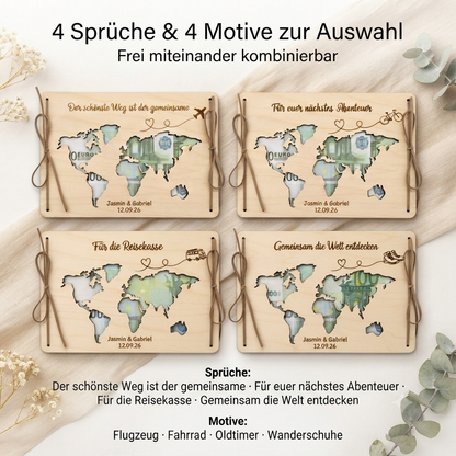 Personalisiertes Geldgeschenk zur Hochzeit aus Holz mit Weltkarte, Namen, Hochzeitsdatum und Geldscheinen