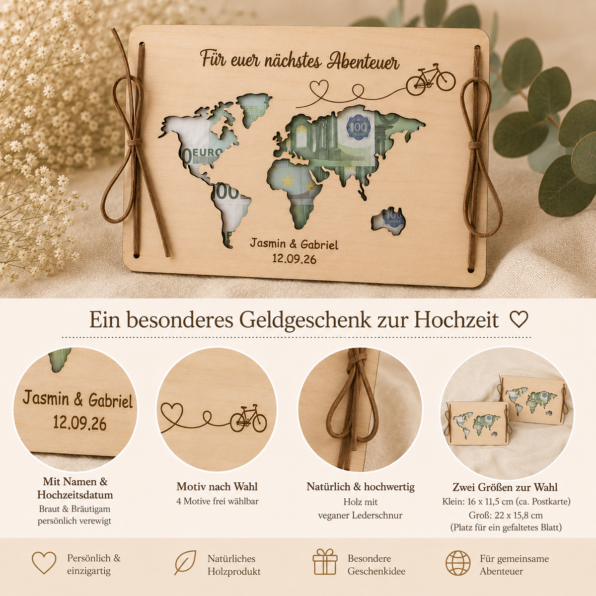 Originelles Geldgeschenk zur Hochzeit mit Gravur, Weltkarte und Personalisierung für Braut und Bräutigam