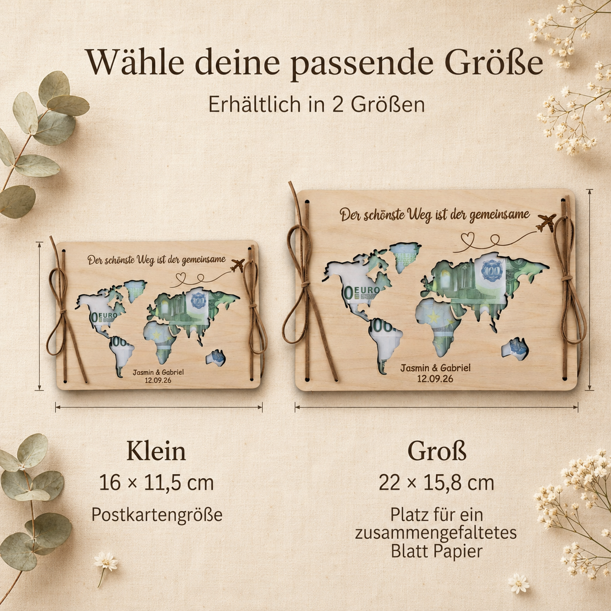 Hochzeitsgeschenk aus Holz mit Weltkarte und Geldscheinen für Flitterwochen und gemeinsame Reisen