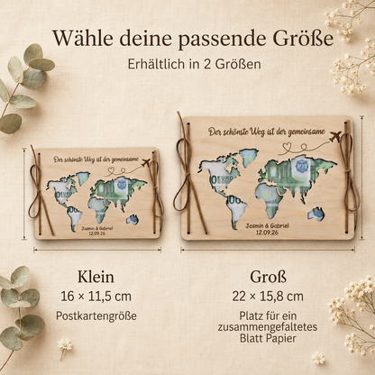 Hochzeitsgeschenk aus Holz mit Weltkarte und Geldscheinen für Flitterwochen und gemeinsame Reisen