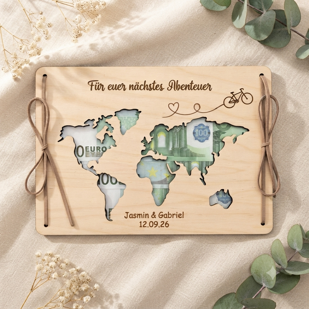 Personalisierte Reisekasse zur Hochzeit aus Holz mit Namen, Datum und Motiv nach Wahl