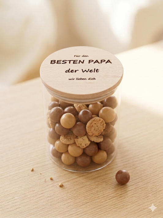Vorratsglas Papa Geschenkidee mit Holzdeckel und Gravur bester Papa der Welt