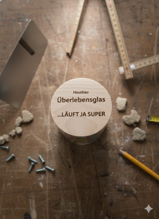 Hausbau Überlebensglas „Läuft ja super“ mit graviertem Holzdeckel als Geschenk für Bauherren