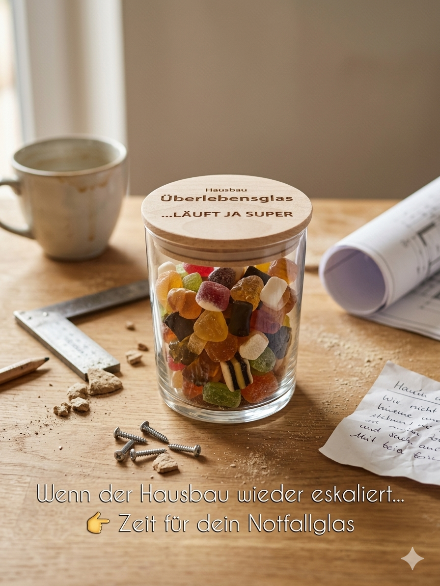 Hausbau Überlebensglas gefüllt mit Süßigkeiten als lustige Nervennahrung für die Baustelle