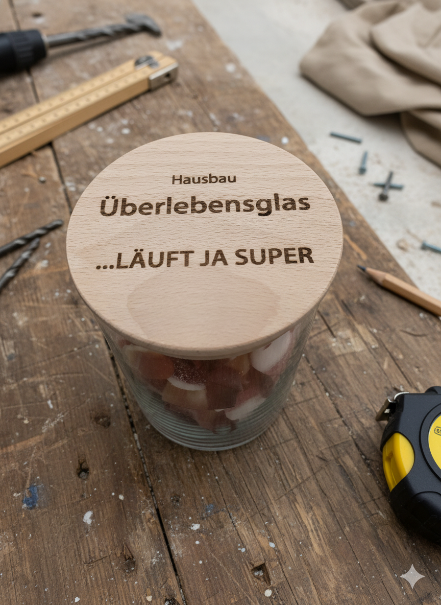 Hausbau Überlebensglas als dekoratives Glas im neuen Zuhause mit humorvollem Baustellen Spruch