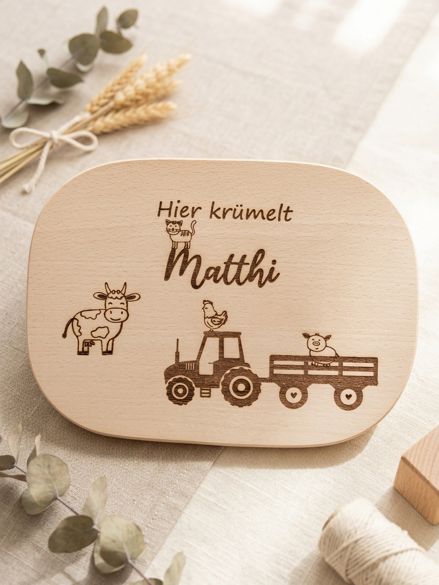 Vesperbrett Kinder Bauernhof mit Traktor und Bauernhoftieren aus Ahornholz