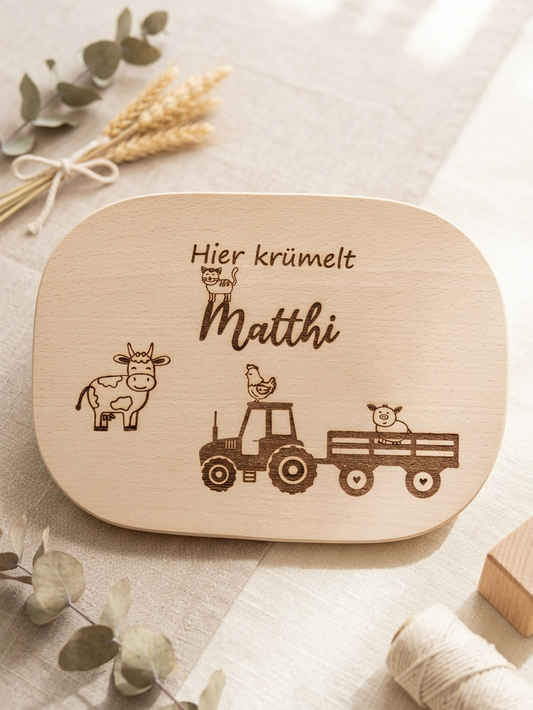 Vesperbrett Kinder Bauernhof mit Traktor und Bauernhoftieren aus Ahornholz
