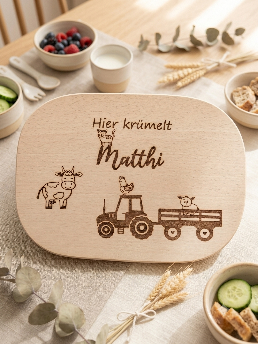 Kinder Frühstücksbrett mit Bauernhof Motiv, Traktor und Tieren aus Holz