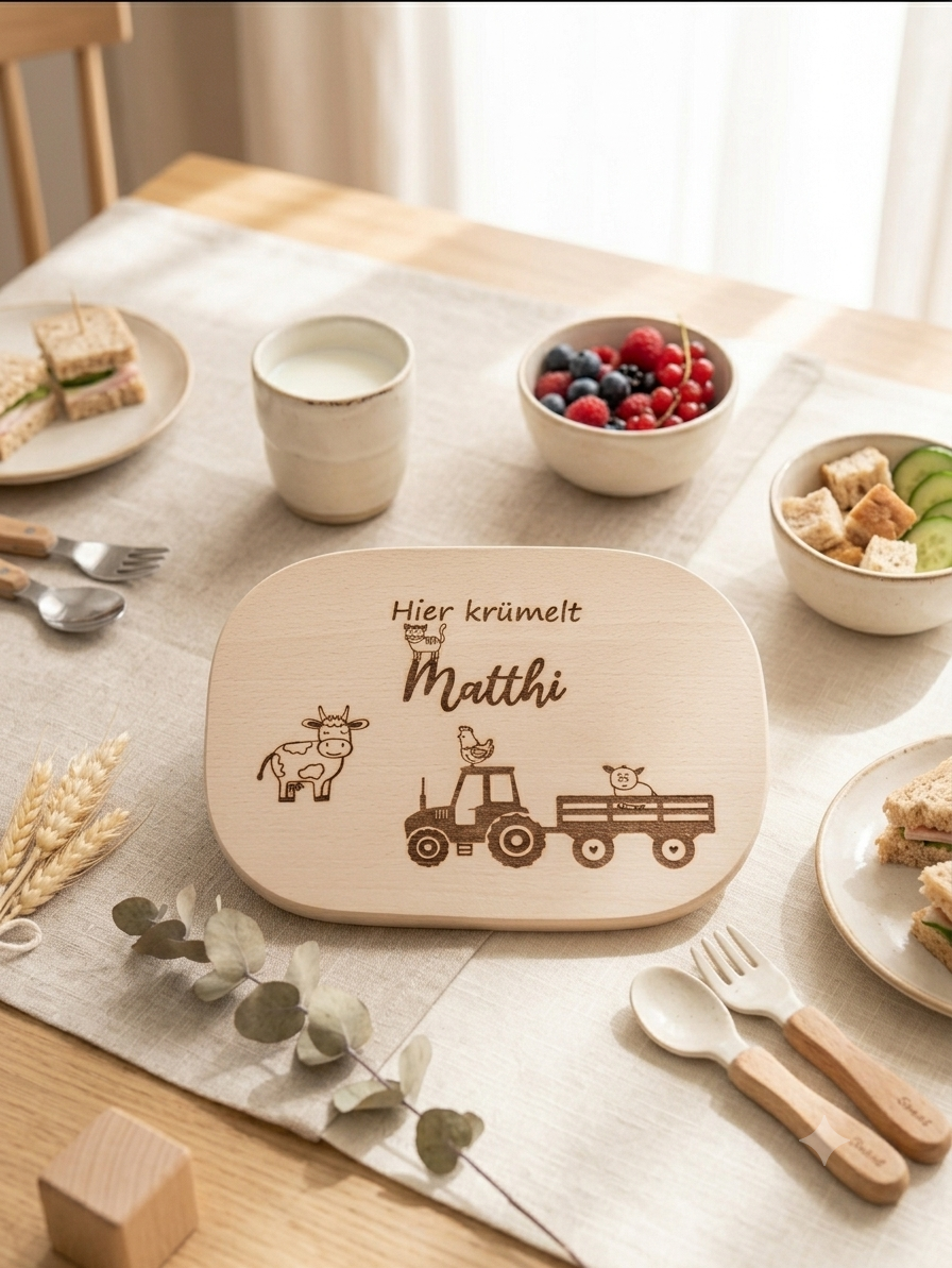 Graviertes Vesperbrett für Kinder mit Traktor und Bauernhoftieren auf Ahornholz