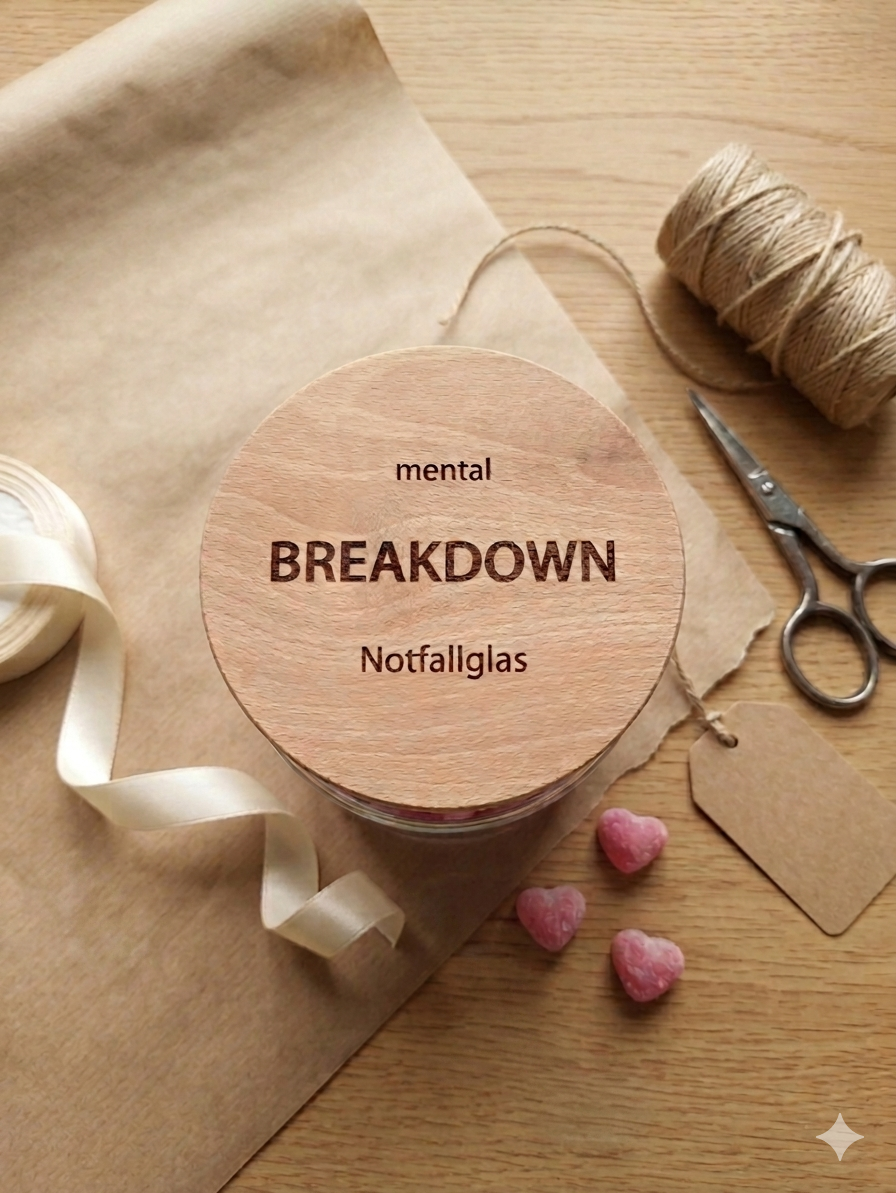 Mental Breakdown Notfallglas mit graviertem Holzdeckel und Süßigkeiten dekoriert