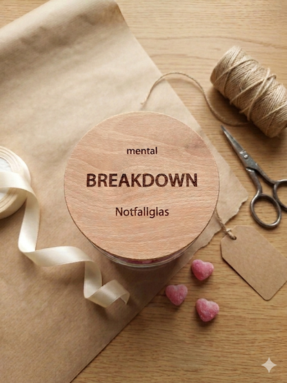 Mental Breakdown Notfallglas mit graviertem Holzdeckel und Süßigkeiten dekoriert