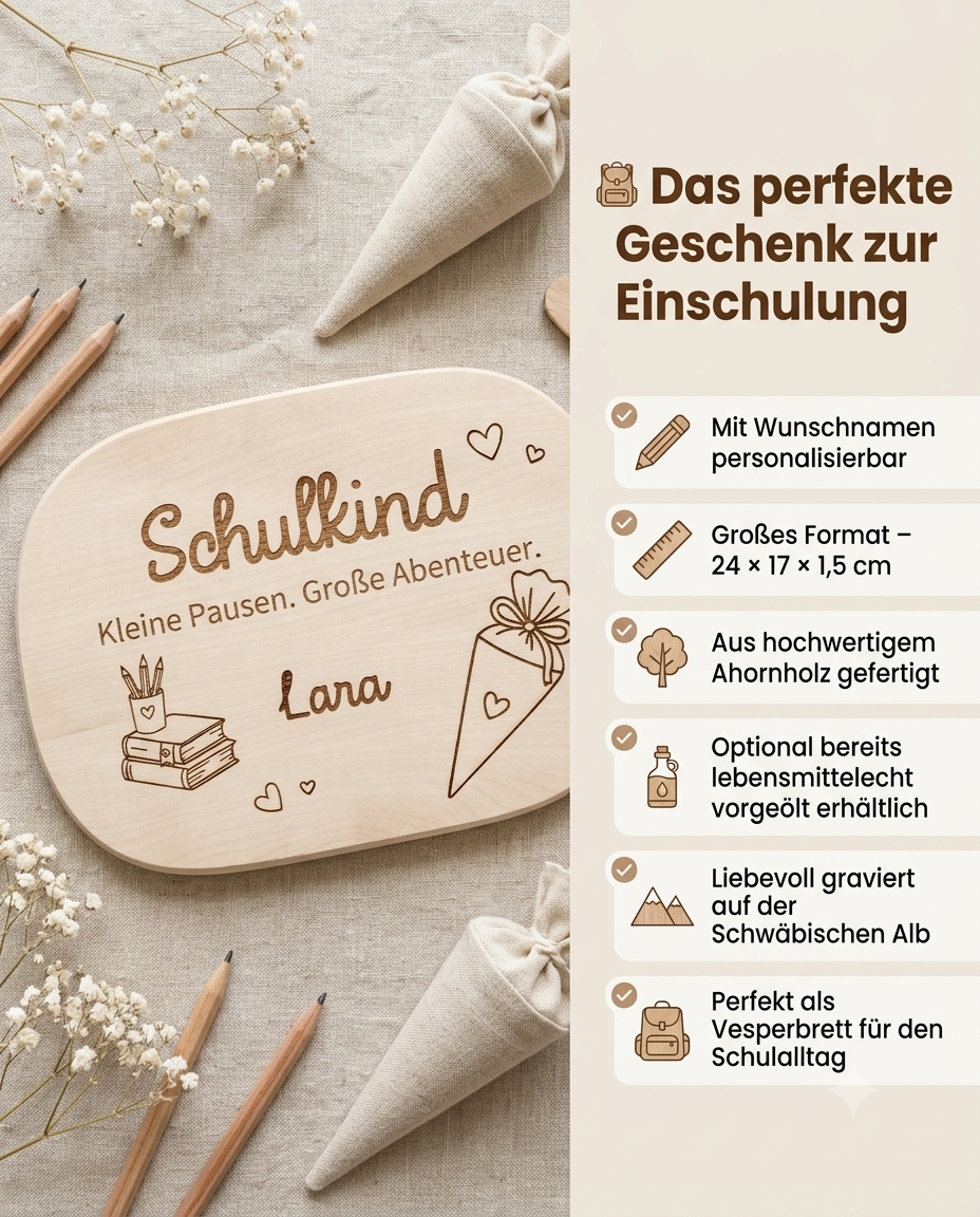 Frühstücksbrett Schulkind mit individueller Gravur und Wunschname aus massivem Ahorn
