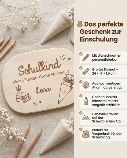 Frühstücksbrett Schulkind mit individueller Gravur und Wunschname aus massivem Ahorn