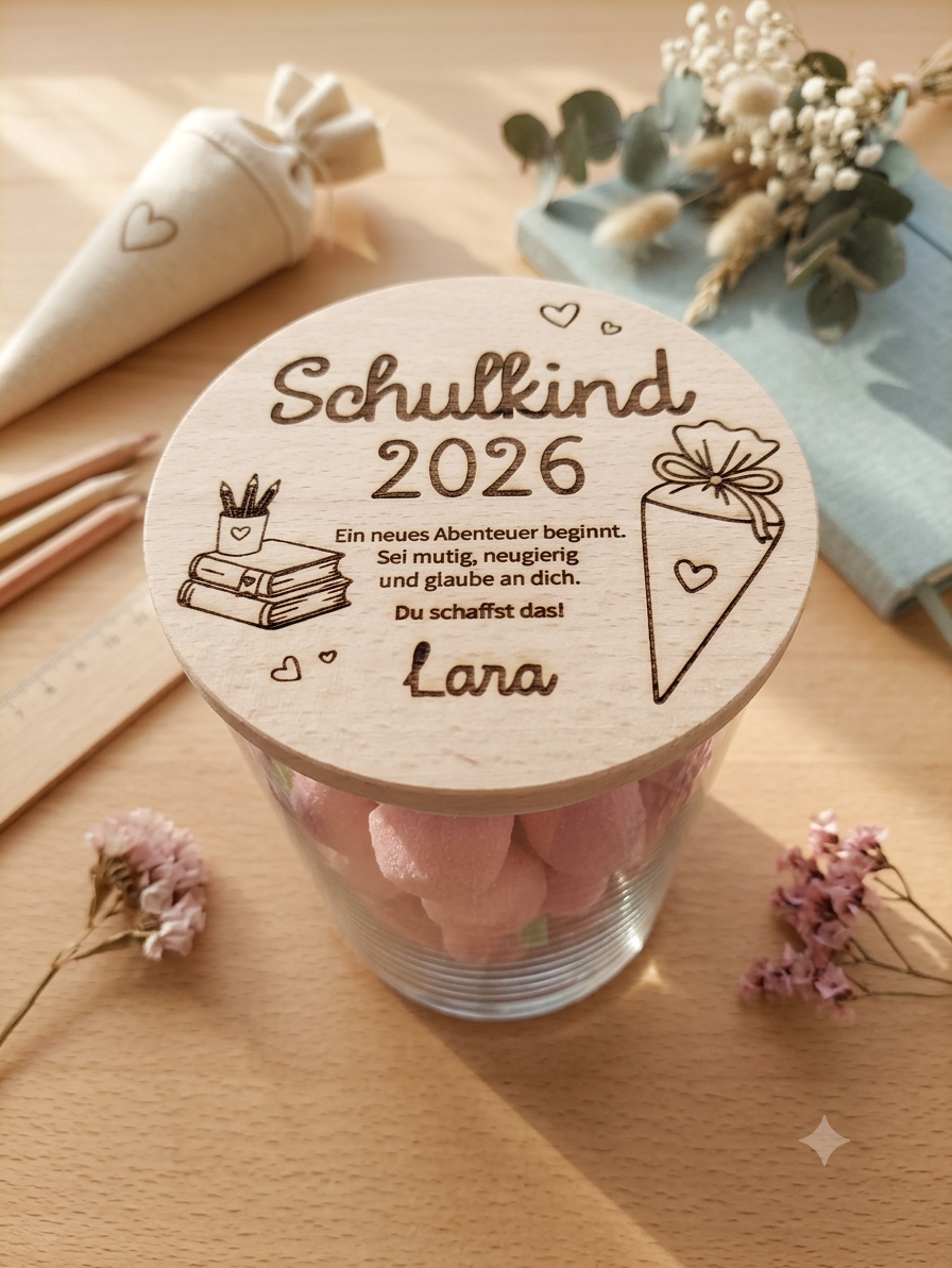 Personalisiertes Vorratsglas zur Einschulung mit Name und graviertem Holzdeckel