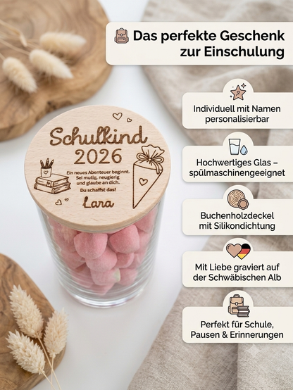 Vorratsglas für Schulkinder mit individueller Namensgravur als Einschulungsgeschenk
