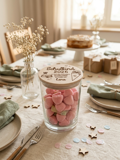 Vorratsglas mit Name gefüllt mit Süßigkeiten als Geschenk zum Schulstart