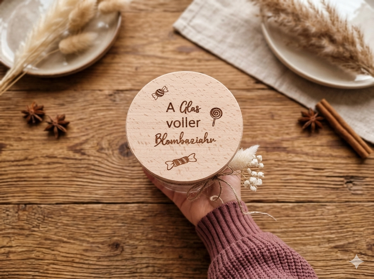 Vorratsglas A Glas voller Blombaziahr mit graviertem Holzdeckel als schwäbisches Geschenk