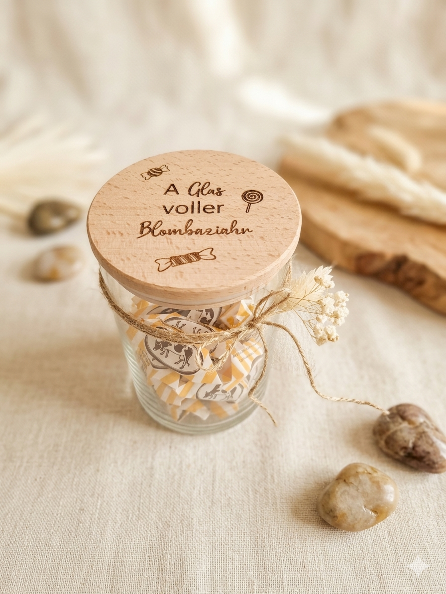 Lustiges Geschenkglas für echte Schwaben mit graviertem Deckel aus Buchenholz