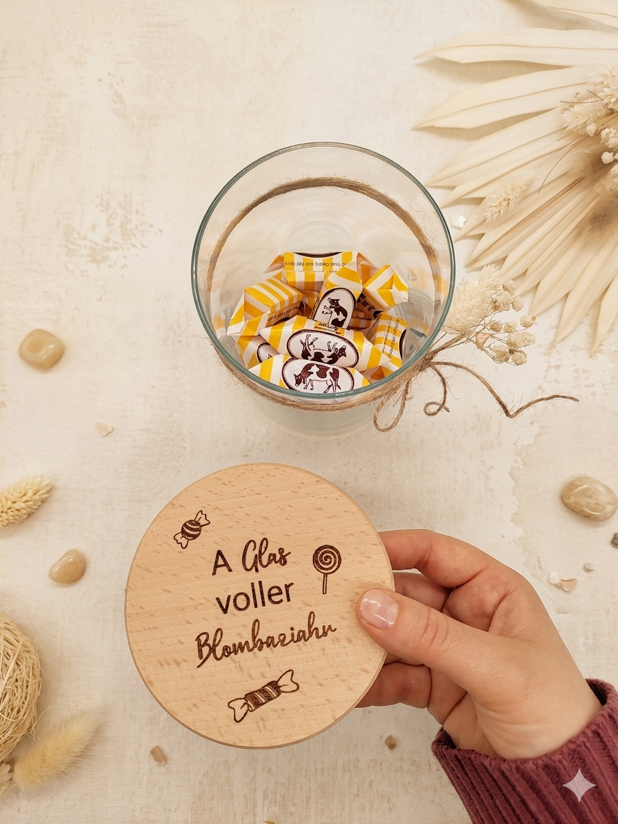 Bonbonglas mit Holzdeckel und schwäbischer Gravur für Süßigkeiten und kleine Geschenke