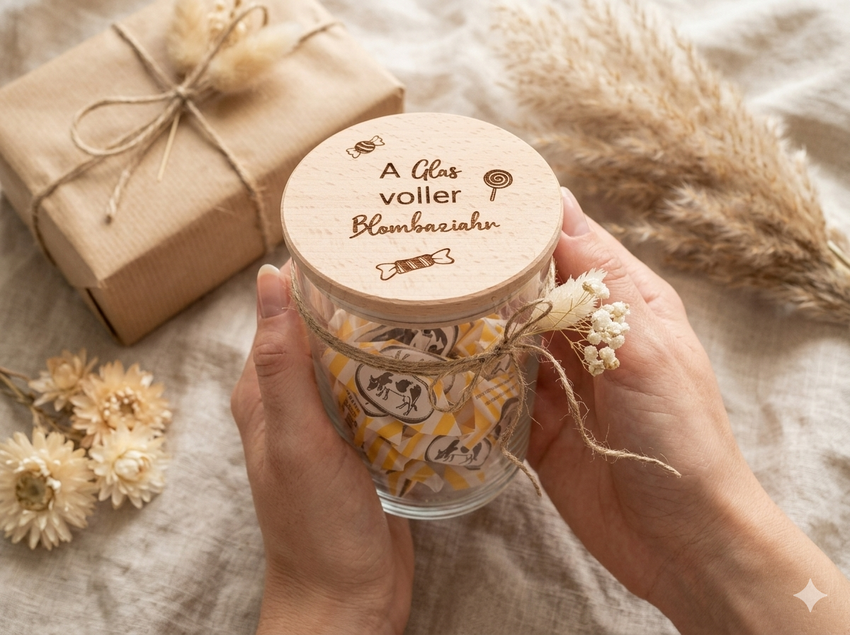 Nachhaltiges Vorratsglas aus recyceltem Glas mit schwäbischem Spruch auf dem Holzdeckel