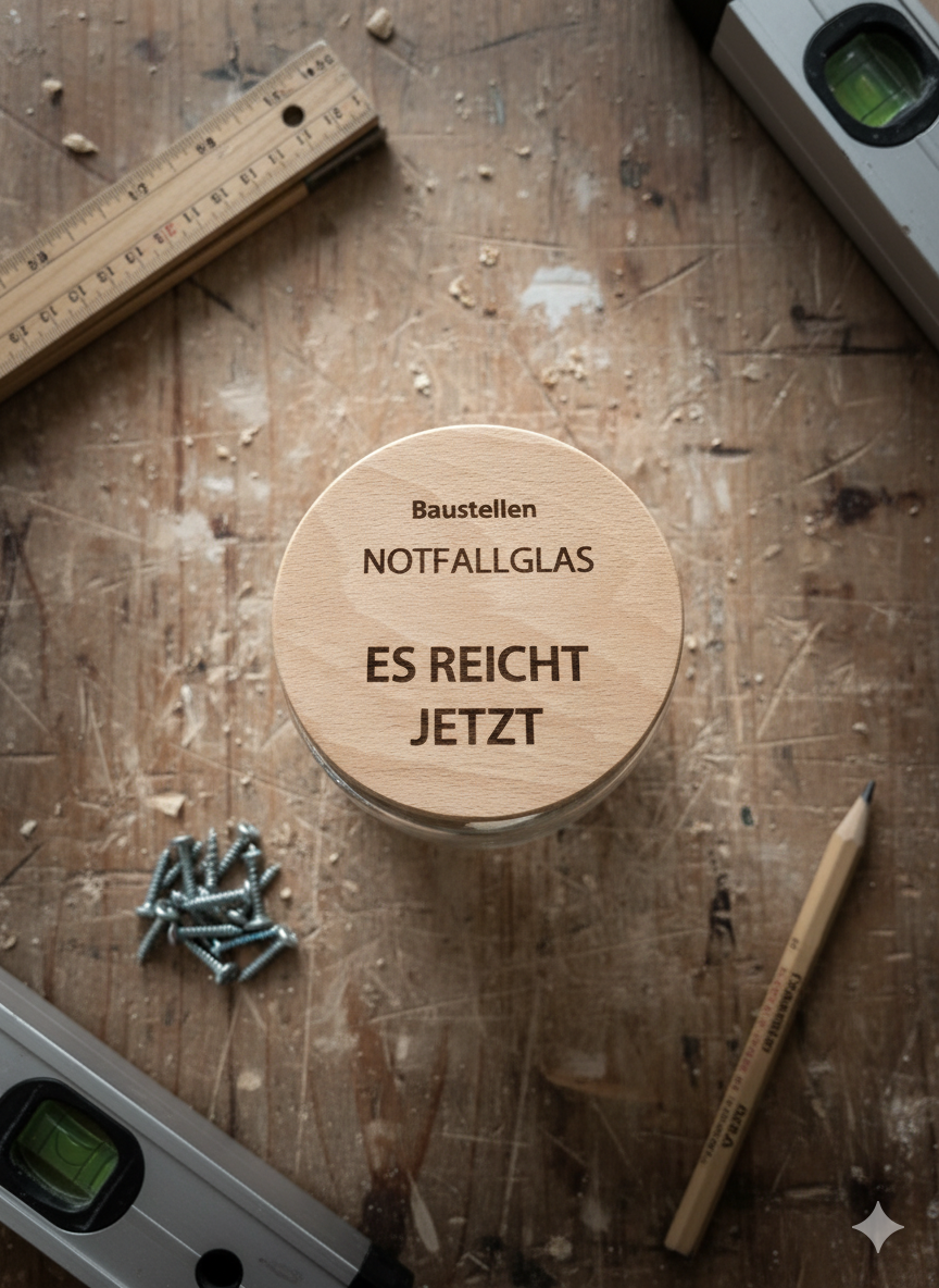 Detailaufnahme Gravur ES REICHT JETZT auf Vorratsglas mit Buchenholz Deckel lustiges Baustellen Geschenk