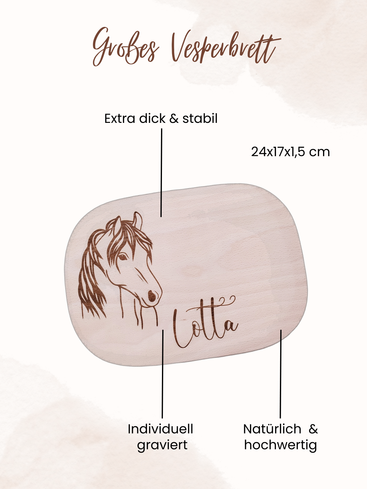 Individuelles Holzbrett mit Pferdemotiv & Name – personalisiertes Vesperbrett, perfekt als Geschenk für Pferdeliebhaber, Kinder & Reiter.