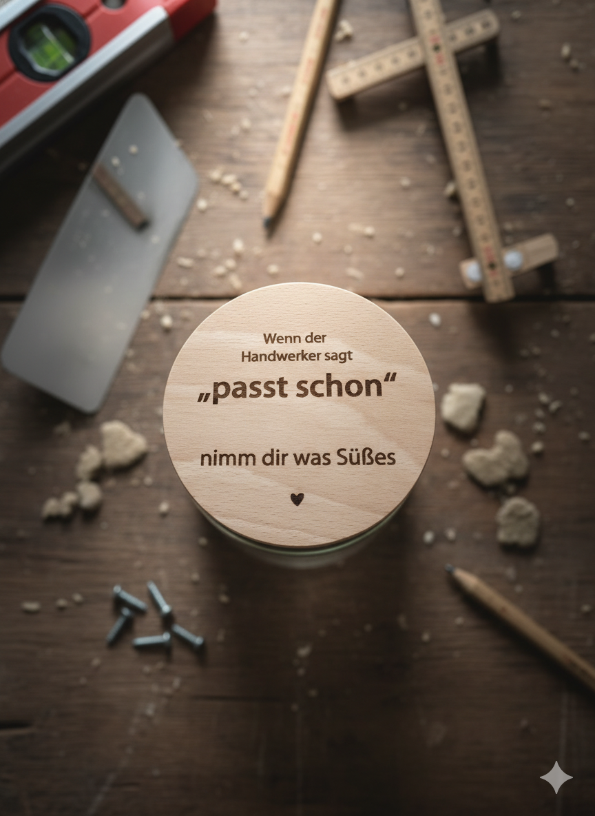Detailaufnahme Gravur ES REICHT JETZT auf Vorratsglas mit Buchenholz Deckel lustiges Baustellen Geschenk
