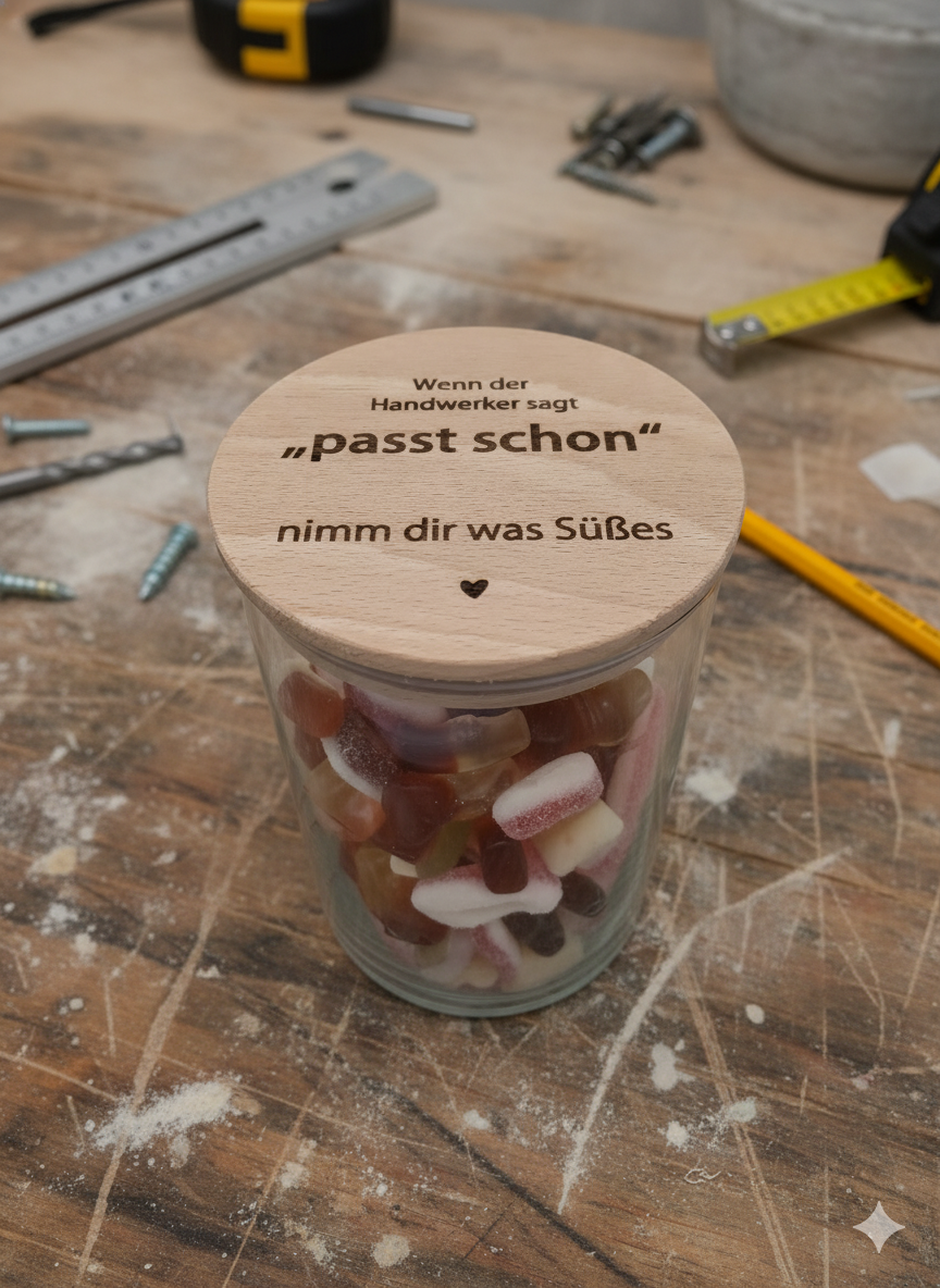 Baustellen Notfallglas mit Gravur ES REICHT JETZT Vorratsglas mit Holzdeckel Geschenk für Bauherren und Handwerker