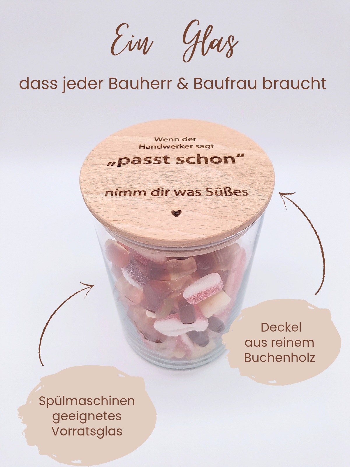 Holzdeckel aus Buche auf Vorratsglas hochwertiges Baustellen Notfallglas nachhaltig und langlebig
