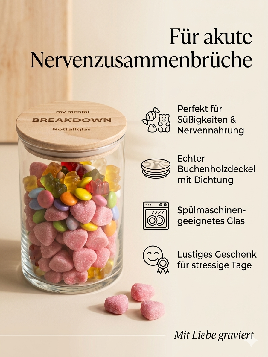 Graviertes Notfallglas mit recyceltem Glas, echtem Buchenholzdeckel, Dichtungsgummi und spülmaschinengeeignetem Glas