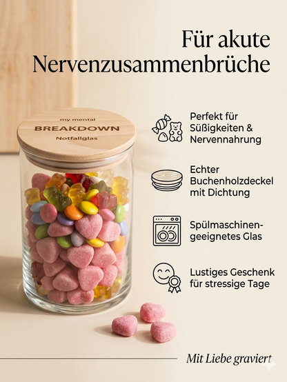Graviertes Notfallglas mit recyceltem Glas, echtem Buchenholzdeckel, Dichtungsgummi und spülmaschinengeeignetem Glas
